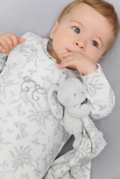 Augustin le Lapin Doudou imprimé inspiration Toile de Jouy gris