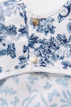 Bavoir à manches toile enduite Imprimé inspiration Toile de Jouy bleu