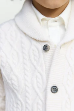 Gilet Ecru col châle maille torsadée