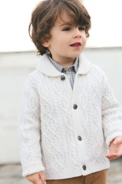 Gilet Ecru col châle maille torsadée