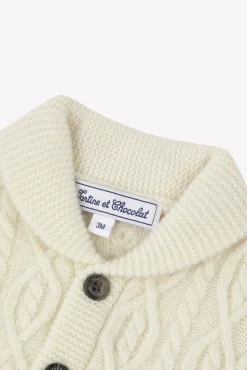 Gilet Ecru col châle maille torsadée