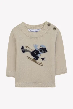 Pull Beige chiné illustration ratton laveur