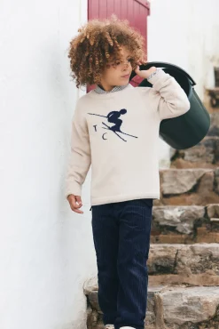 Pull beige chiné illustration ski