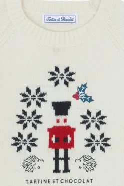 Pull Ecru broderie casse noisette