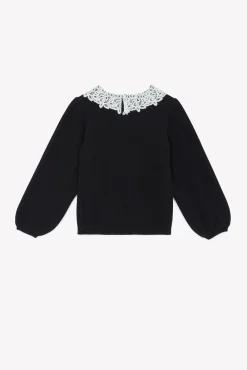 Pull Noir col volanté