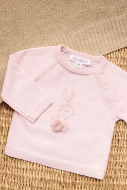 Pull Rose pâle broderie lapin