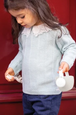 Pull Vert d'eau col broderie anglaise