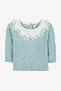 Pull Vert d'eau col broderie anglaise