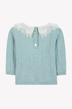 Pull Vert d'eau col broderie anglaise