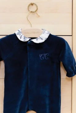 Pyjama Bleu velours imprimé inspiration toile de jouy